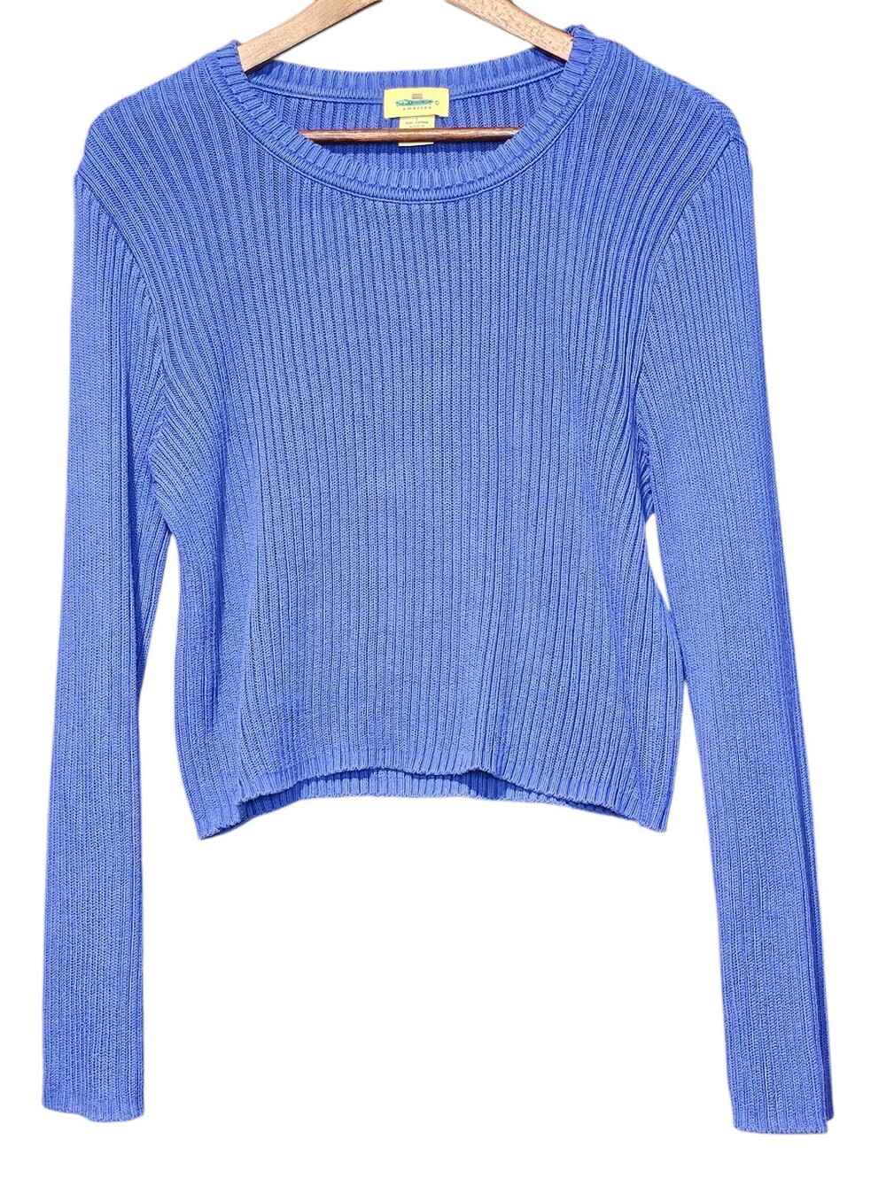 Limited America Blue Ribbed Long Sleeve Crop Knit Sweater Large made in Israel